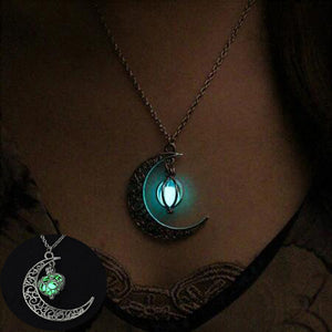 IPARAM moon glowing necklace, green stone charm jewelry, silver plated, Halloween gift