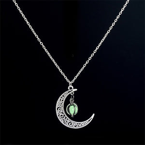 IPARAM moon glowing necklace, green stone charm jewelry, silver plated, Halloween gift