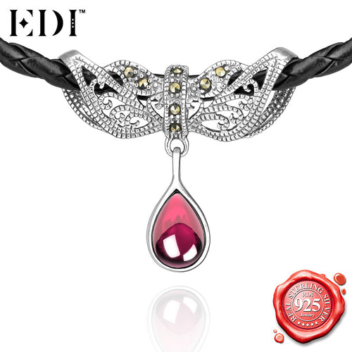 EDI Fashion Punk 925 Sterling Silver Collar Choker Necklace Black Gothic Vintage Marcasite Pink Ruby Gemstones Pendant Necklace