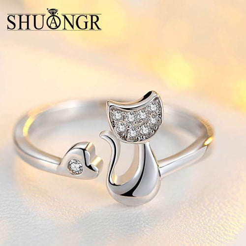 SHUANGR Charm Crystal Top Quality Cubic Zirconia Crystal Inlaid Cute Animal Cat Ring for Women/Girls