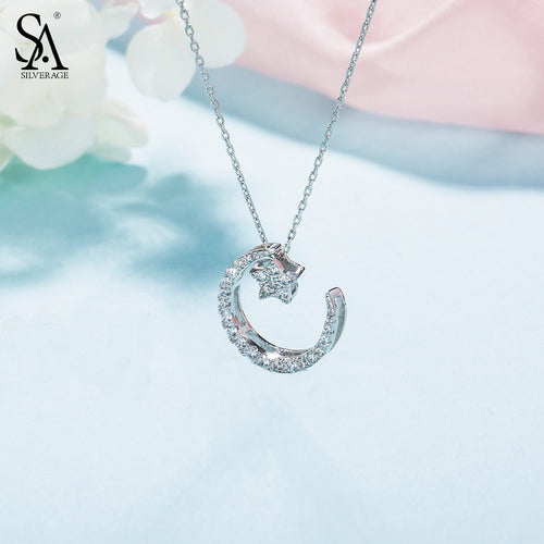 New Year Gift 925 Sterling Silver Moon Star Pendant Necklace AAA Zirconia Necklaces Fine Jewelry For Women 2.84g/15mm*20mm