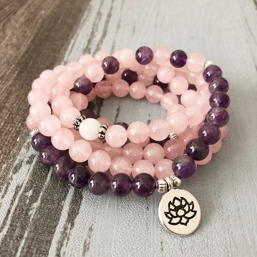 Hottest Woman Mala Necklace & bracelets For Women Rose Quartzs Amethysts Yoga Bracelet Mala Lotus 108 Beads Pink Bracelet