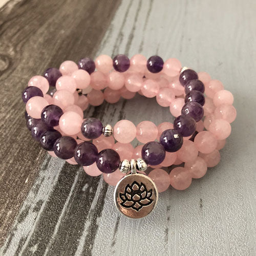 Hottest Woman Mala Necklace & bracelets For Women Rose Quartzs Amethysts Yoga Bracelet Mala Lotus 108 Beads Pink Bracelet