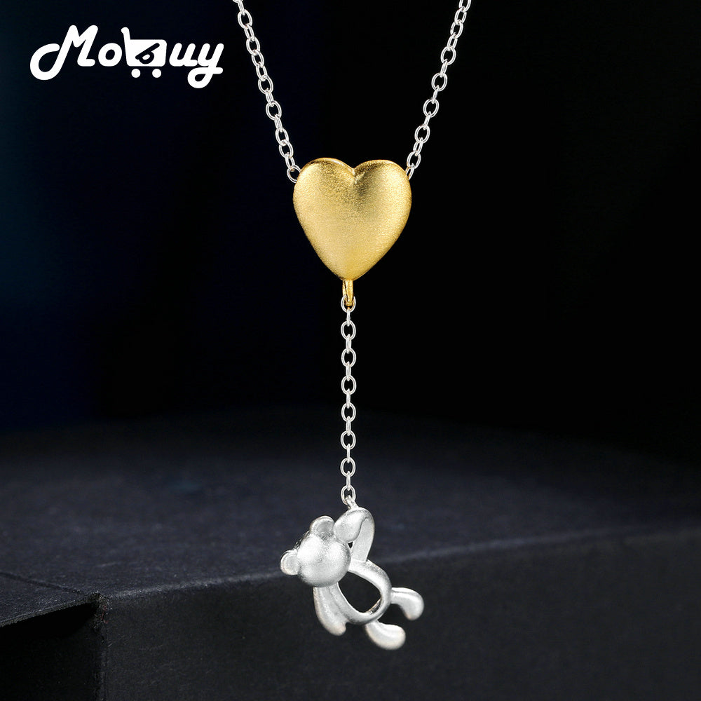 MoBuy Yellow Gold Heart 100% 925 Sterling Silver Wiredrawing Necklace & Pendant Fine Jewelry For Women Anniversary Gift MBNY011