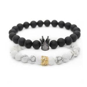 Valentine's Day Couple His And Hers Bracelets Distance Black & White Beads Cz Crown King Charm Stone Bracelet Lovers Mbr170283