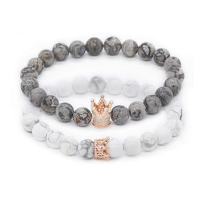 Valentine's Day Couple His And Hers Bracelets Distance Black & White Beads Cz Crown King Charm Stone Bracelet Lovers Mbr170283