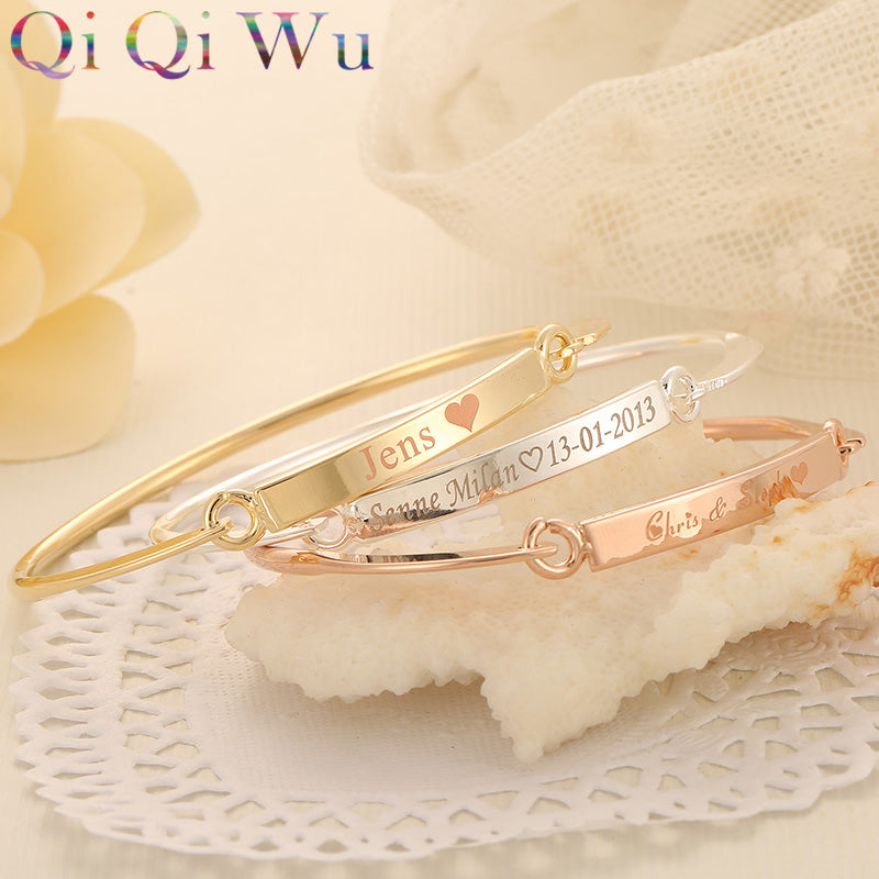 Drop Shipping Gold Bangle Bar Bracelets Custom Engraved Name Bracelet Personalized Initials Bangles for Women Jewelry Girls Gift