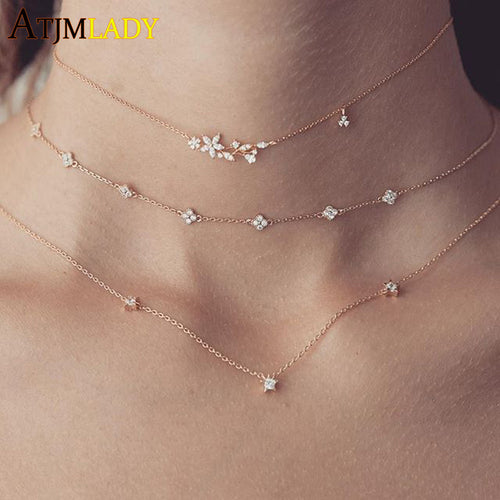 New arrive dainty delicate four clover lucky girl chain cz clover charm 100% 925 sterling silver choker chain silver necklace