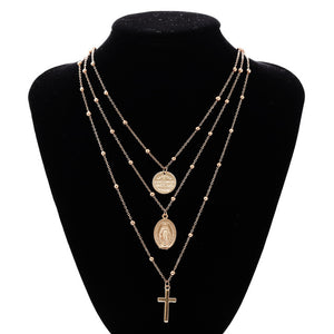 Ingesight Multilayer Cross Virgin Mary Pendant Beads Chain Christian Neckalce Goddess Catholic Choker Necklace Collier for Women