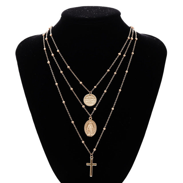 Ingesight Multilayer Cross Virgin Mary Pendant Beads Chain Christian Neckalce Goddess Catholic Choker Necklace Collier for Women
