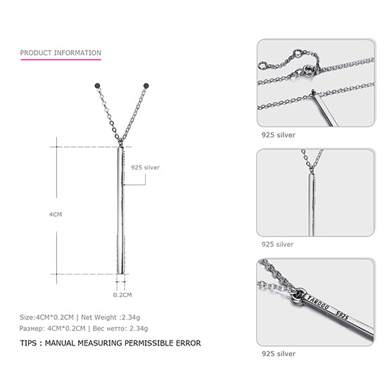 Tardoo Line Needle 925 Sterling Silver Long Pendant Necklace Simple and Romantic Style Fine Jewelry Valentine's Gift for Women