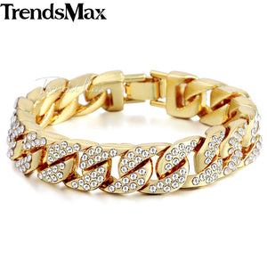 14mm 20cm Mens Bracelet for Women Hip hop CZ Bling Jewelry Gold Silver Color Miami Curb Cuban Chain Iced Out Rhinestones GB403