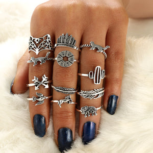 FREE GIVEAWAY - WLP punk ring set Vintage 12 pcs/ set Cactus Elephant Fox Rings Set Bohemia Hollow Bird Lion Shape Carved Midi Finger Rings