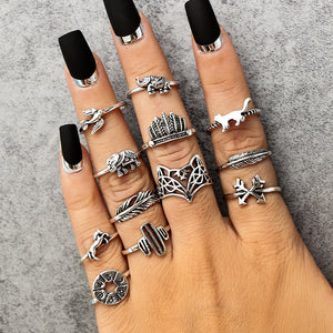 FREE GIVEAWAY - WLP punk ring set Vintage 12 pcs/ set Cactus Elephant Fox Rings Set Bohemia Hollow Bird Lion Shape Carved Midi Finger Rings