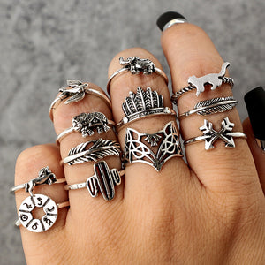 FREE GIVEAWAY - WLP punk ring set Vintage 12 pcs/ set Cactus Elephant Fox Rings Set Bohemia Hollow Bird Lion Shape Carved Midi Finger Rings