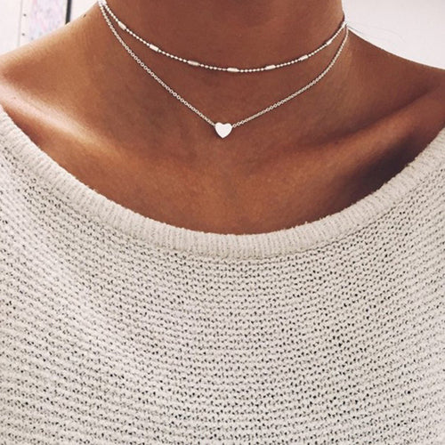 Silver Gold Color Jewelry Love Heart Necklaces & Pendants Double Chain Choker Necklace Collar Women Statement Jewelry Bijoux