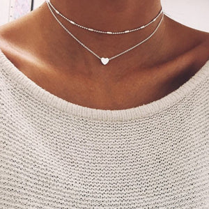 Silver Gold Color Jewelry Love Heart Necklaces & Pendants Double Chain Choker Necklace Collar Women Statement Jewelry Bijoux