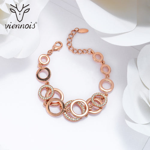 Viennois Rose Gold & Silver Color Circles Bracelet & Bangles for Woman Rhinestones Paved Double Layer Round Female Bracelets