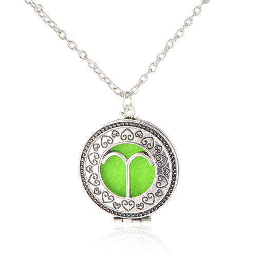 Vintage Perfume Essential Oil Diffuser Zodiac Sign Round Pendant Necklace Retro Alloy Copper Chain Jewelry Gifts Fashion Accessories Charming Jewelry for Women Girl Gift Party