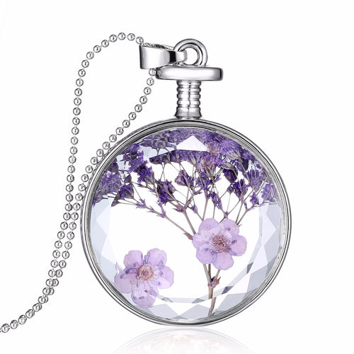 Natural Real Red Decorative Dried Flowers Necklace Pendant Dry Flower Plants Jewelry Heart Metal Glass Necklace drop shipping