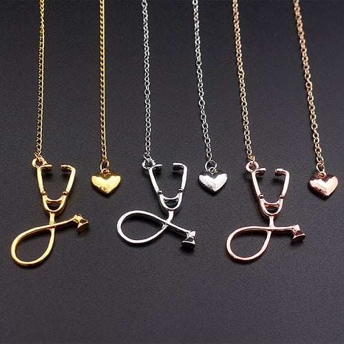 SC 3 Colors Rose Gold/Gold/Silver Stethoscope Lariat Heart Pendant Necklace Newest Nurse Medical Necklace Collares Bijoux Femme