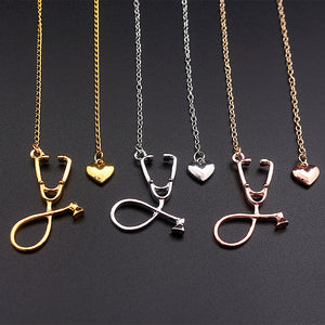 SC 3 Colors Rose Gold/Gold/Silver Stethoscope Lariat Heart Pendant Necklace Newest Nurse Medical Necklace Collares Bijoux Femme