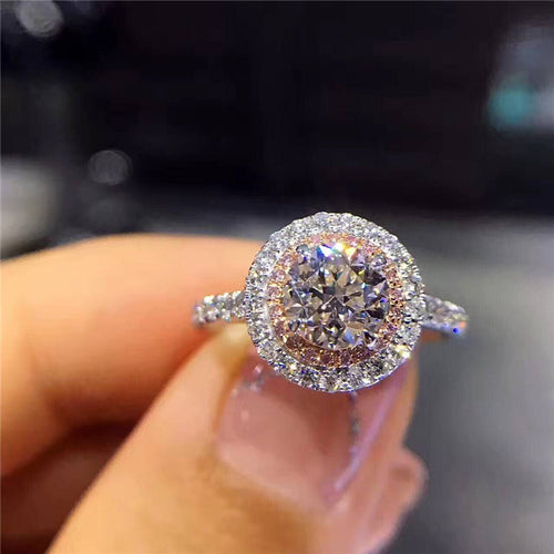 925 Sterling Silver ring Round-cut 2ct Diamond Pink 2 Surround Pave setting cz Wedding Band Rings For Women