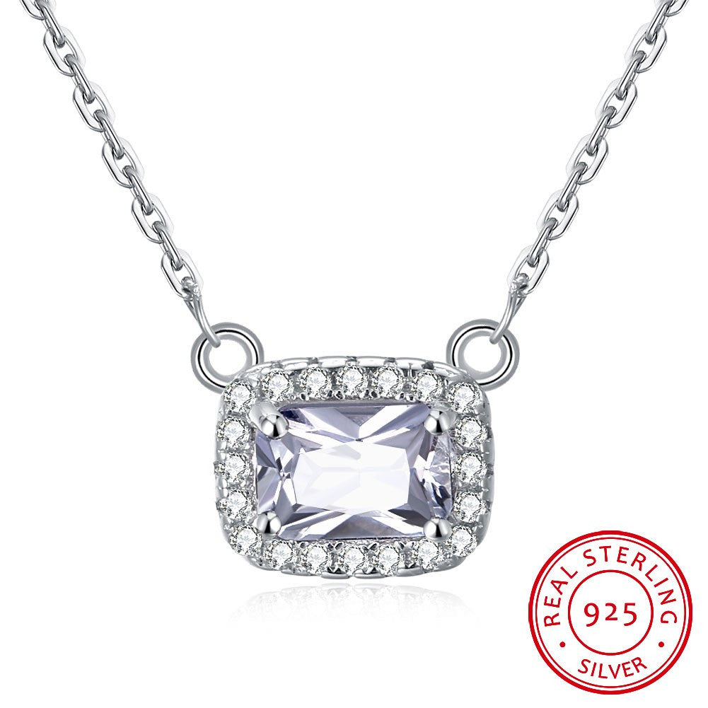 S925 Silver Necklace Korean Fashion Necklace Square Large Zircon Necklace