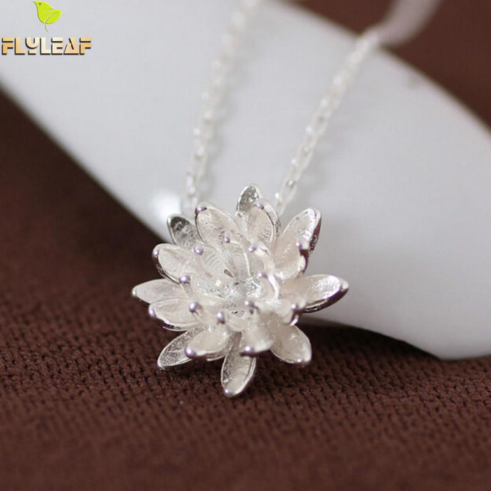 925 Sterling Silver Lotus Necklaces & Pendants For Women Elegant Flower Short Necklace Sterling Silver Jewelry Bijoux Femme