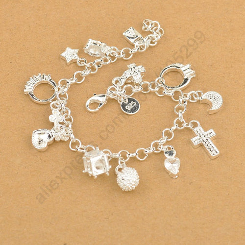 Exquisite Top Quality 925 Sterling Silver Charm Pendants Woman Bracelet,Nice Cross Moon Heart Clock Pendant Jewelry