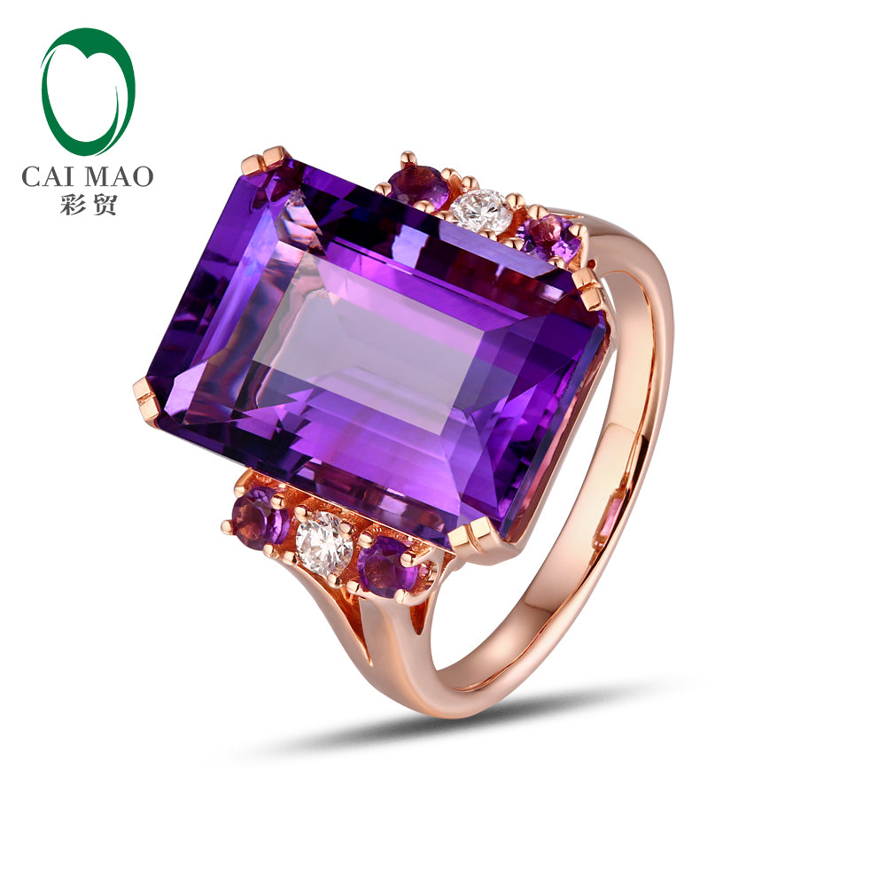 18KT/750 Rose Gold 12.5ct Natural Amethyst 0.14ct Round Cut Diamond Engagement Gemstone Ring Jewelry