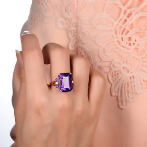 18KT/750 Rose Gold 12.5ct Natural Amethyst 0.14ct Round Cut Diamond Engagement Gemstone Ring Jewelry